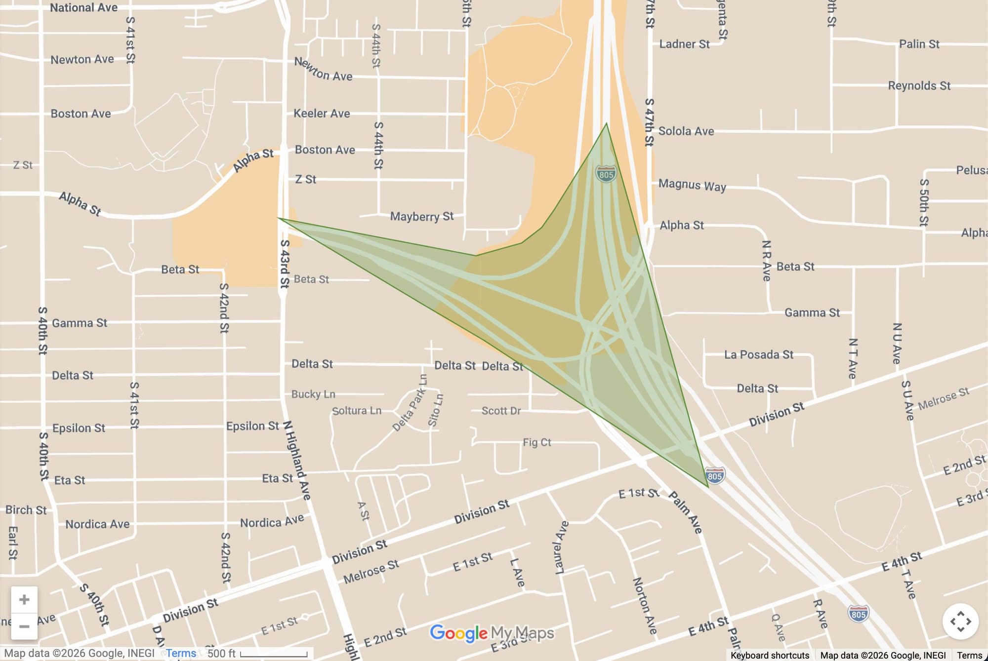 A triangular shaped green area over parts of the 805 and the 43rd street entrance and exit ramps on a map