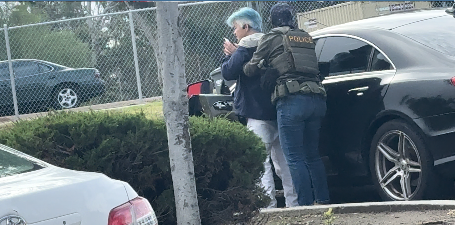 An ICE agent with her face covered grabs a woman with blue hair next to a black car
