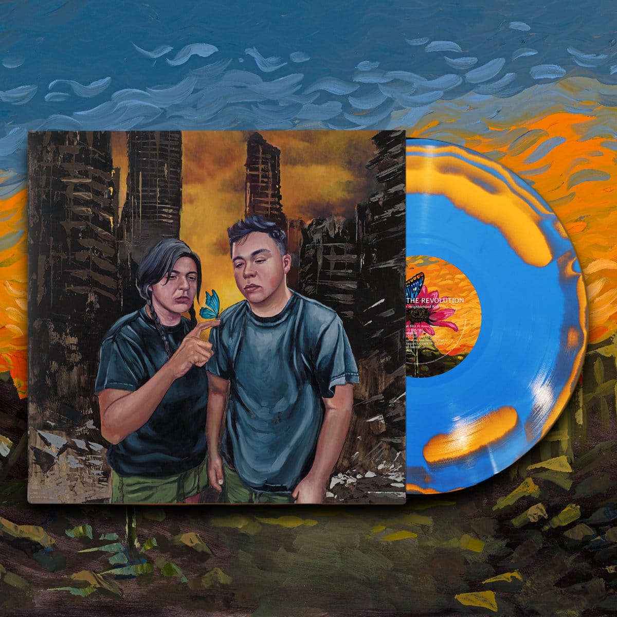 Blues, yellows and browns on a painted background with an album cover featuring a painting of Amon looking as Verde holds a blue butterfly in front of darkened buildings