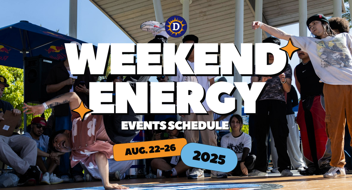 Image of break dancers with the words "weekend energy events schedule Aug. 22-26, 2025"
