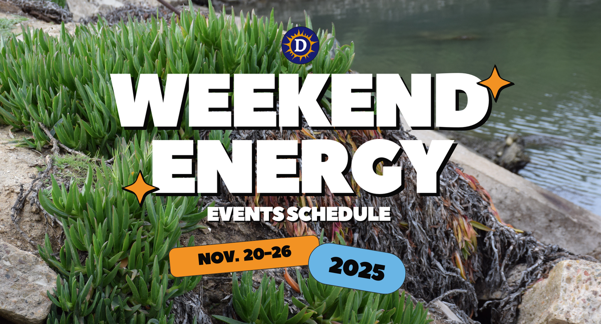 picture of ice plant growing on rocks next to a lagoon with the words "Weekend Energy Events Schedule: Nov. 20-26 2025"