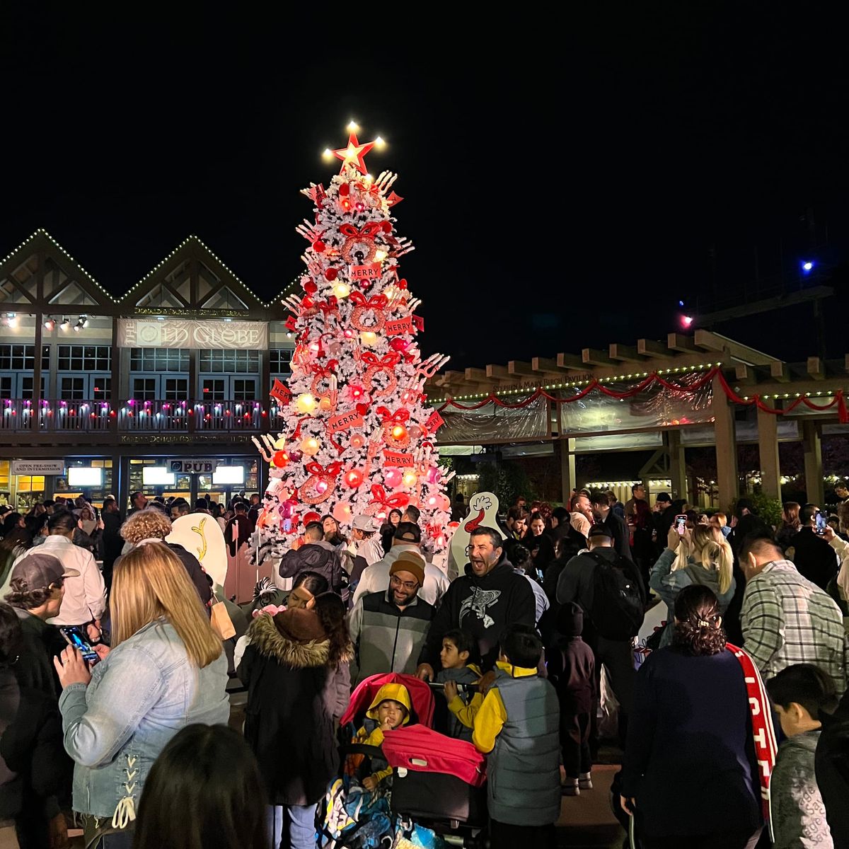 Picture of a vibrant pink, red and white Christmas tree with ornate decorations and a crowd of people standing around it outside.
