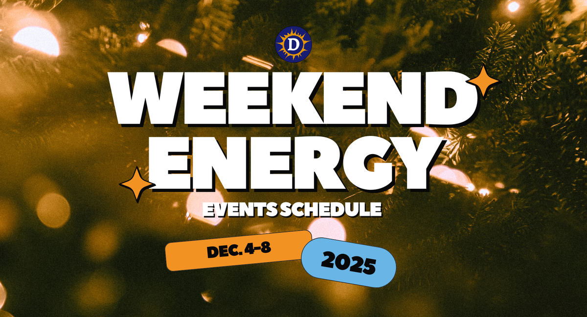 Image of twinkle lights on an evergreen tree with the words: Weekend Energy Events Schedule Dec. 4-8 2025