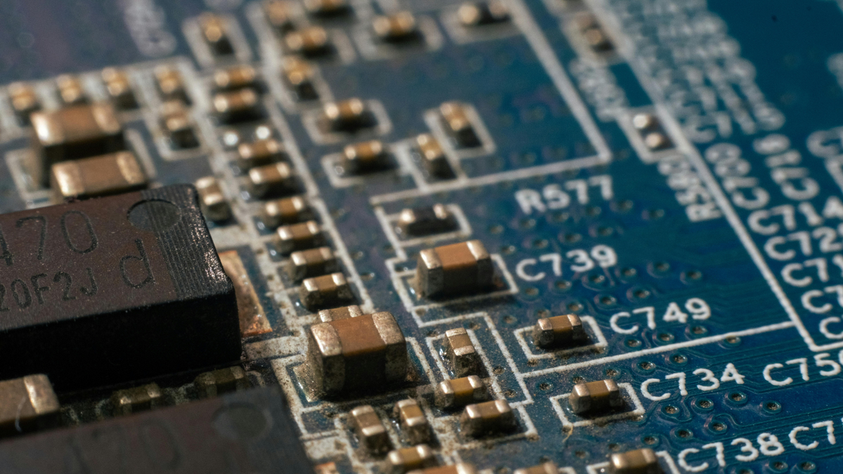 Closeup picture of a blue circuit board