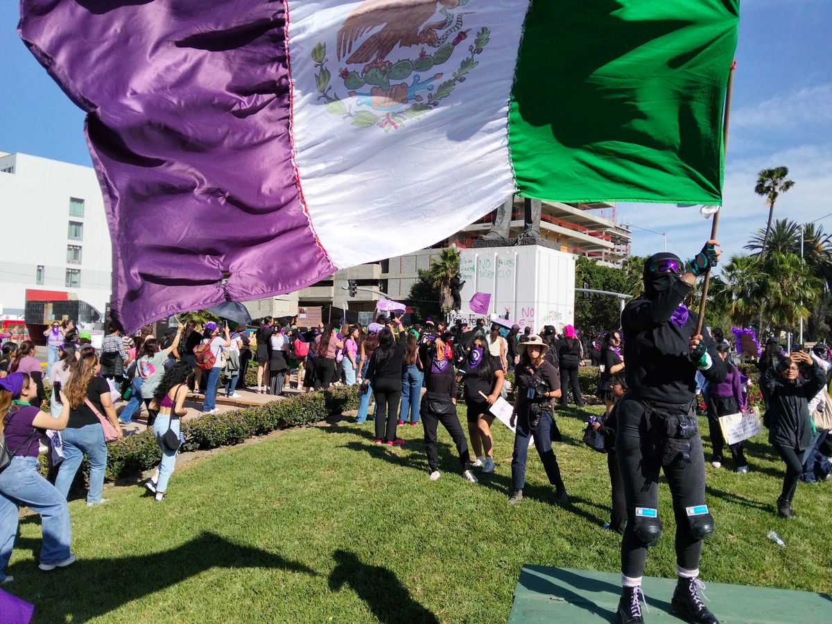 A person wearing black with her face covered waves a Mexican flag in which the red part has been altered to purple in the midst of a crowd around a statue of Abraham Lincoln