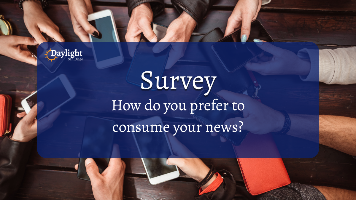 Picture of hands holding cellphones with a blue box with the words "Survey How do you prefer to consume your news?"