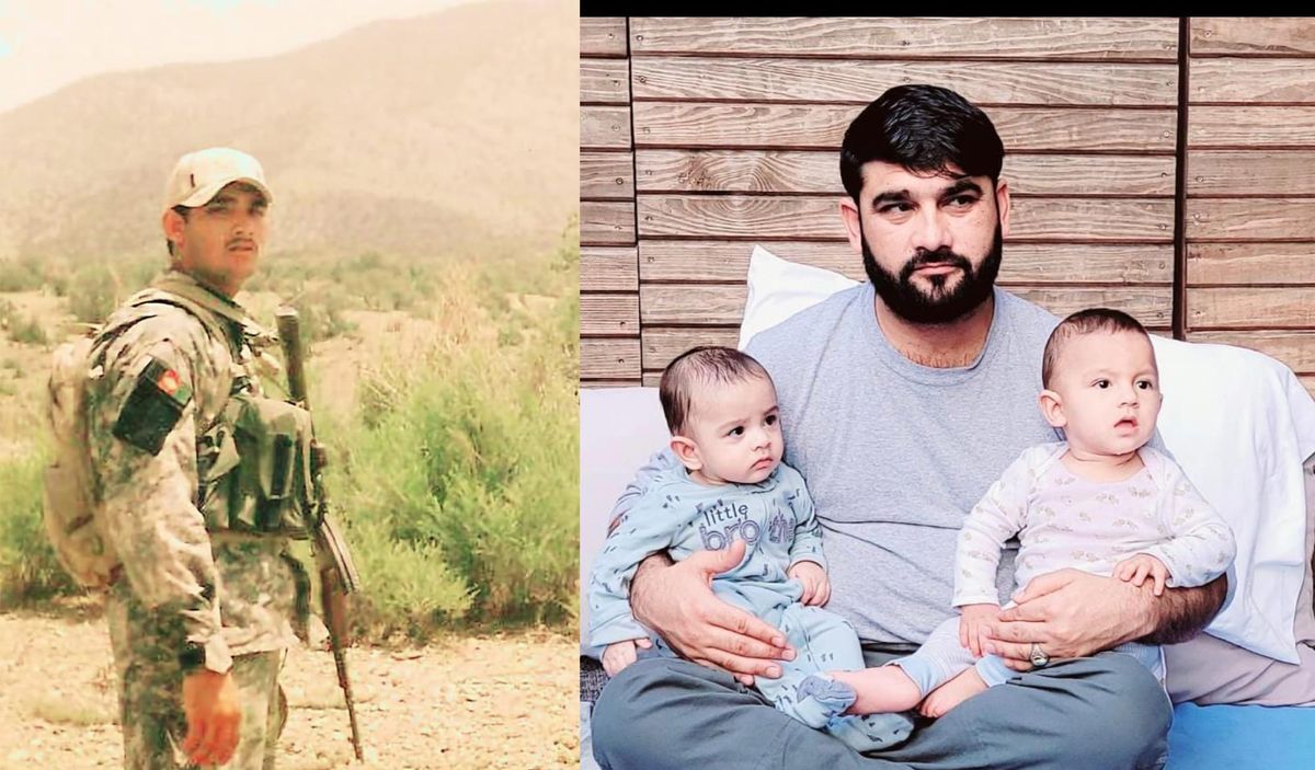 Two photos: A man in military fatigues holding a gun on the left and a man in a gray shirt holding two babies on the right