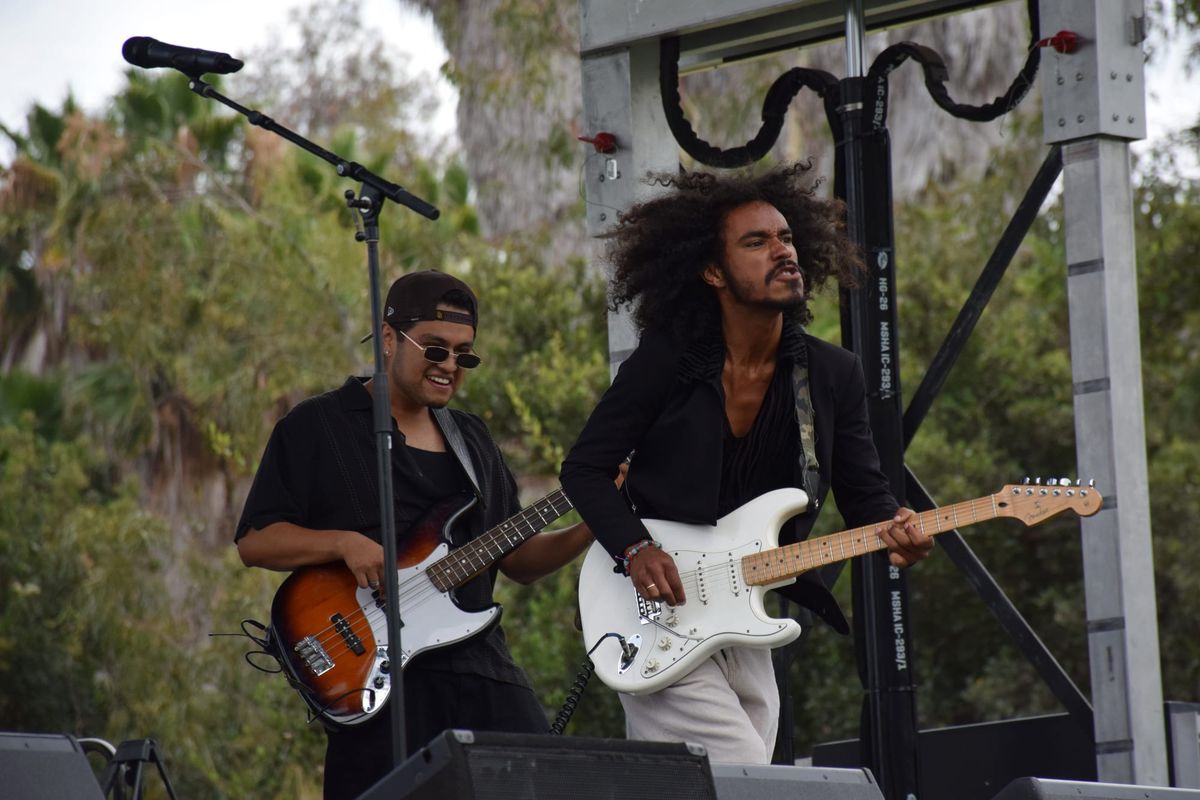 One person plays a bass guitar and another plays the guitar on stage in front of trees at an outside music festival