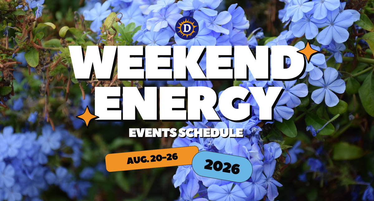 Image of Blue flowers with the words "Weekend Energy Events Schedule Aug. 20-26, 2026"
