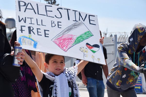 A boy holds a sign that reads "Palestine will be free" with other people in the background outside.