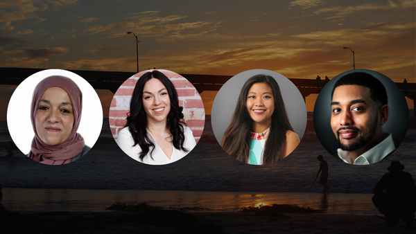 Four headshots in circle frames with a pier in the background