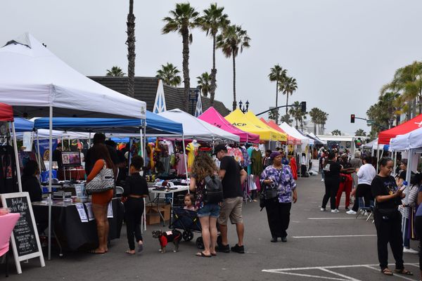 People walk around at an outdoor street fair