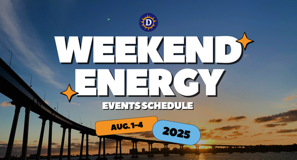 Image that says "weekend energy events schedule Aug. 1-4, 2025" with a bridge over water and a sunset in the background.