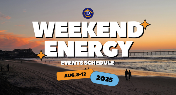Image of sunset at a beach with the words "Weekend Energy Events Schedule Aug. 8-12 2025"
