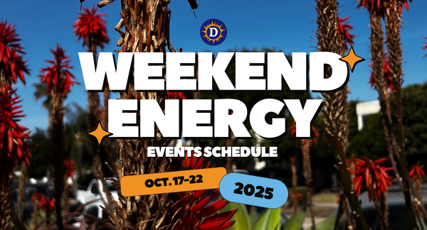 Photo of an agave plant with red flowers and the words "Weekend Energy Events Schedule: Oct. 17-22 2025"