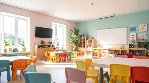 An empty daycare classroom with several tables surrounded by small colorful chairs, sunlight shining in, a whiteboard, shelves of toys and a television hanging on the wall.