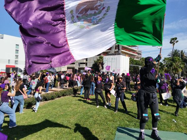 A person wearing black with her face covered waves a Mexican flag in which the red part has been altered to purple in the midst of a crowd around a statue of Abraham Lincoln
