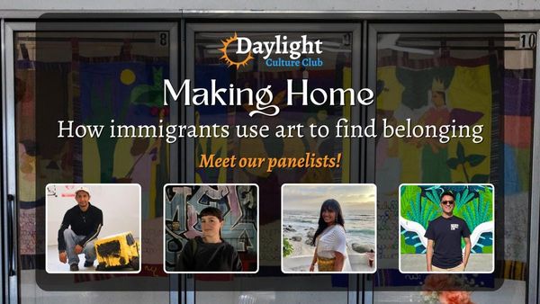 Illustration of pictures of four people in front of an art exhibition with an event title in text.