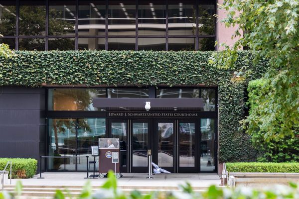 A pigeon takes off in front of a brown building with ivy growing on it and glass doors with a guard out front