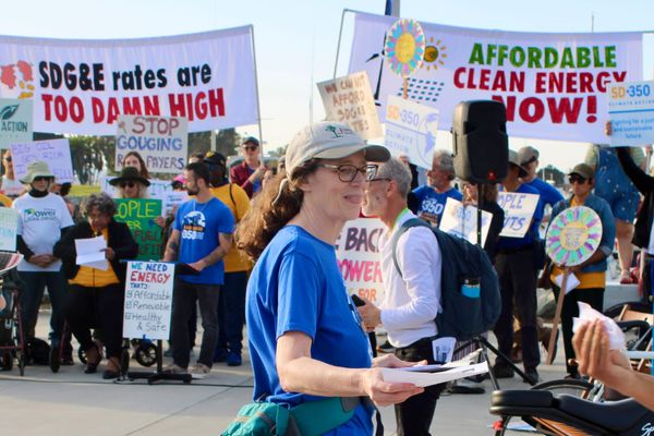A woman with glasses in a cap and jacket tied around her waist holds paper and smiles in a group of protestors. 