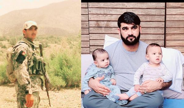 Two photos: A man in military fatigues holding a gun on the left and a man in a gray shirt holding two babies on the right