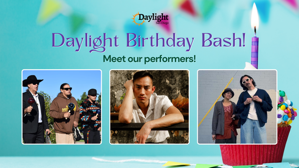 Three photos of performers with a background of a cupcake with a birthday candle and text at the top
