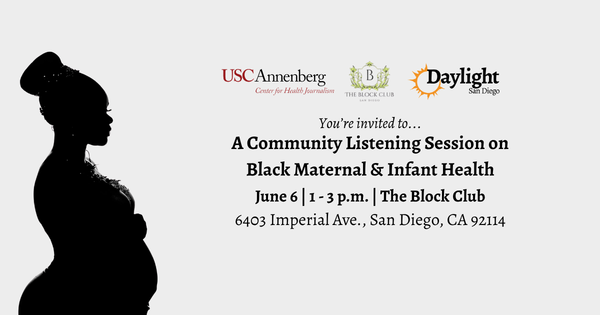 Image of a silhouette of a pregnant person with the words "You're invited to a community listening session on Black maternal & infant health June 6 1-3 p.m., The Block Club"