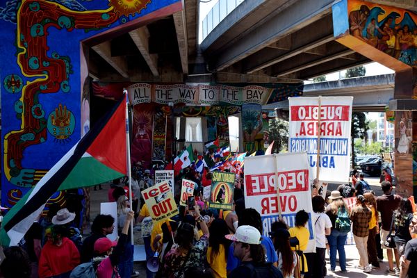 People hold protest signs and flags under a bridge covered in mura
