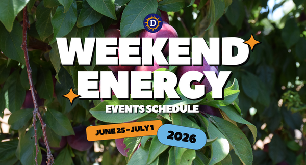 Image that says "weekend energy events schedule June 25-July 1" with plums in the background