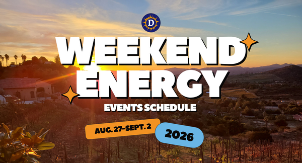 Picture of a winery with a sunset and mountains behind it and the words "Weekend Energy Events Schedule Aug. 27-Sept. 2 2026"