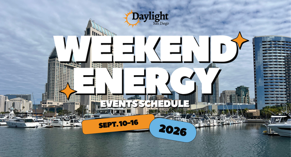 Picture of a city skyline behind a bay with the words "Weekend Energy Events Schedule Sept. 10-16 2026"