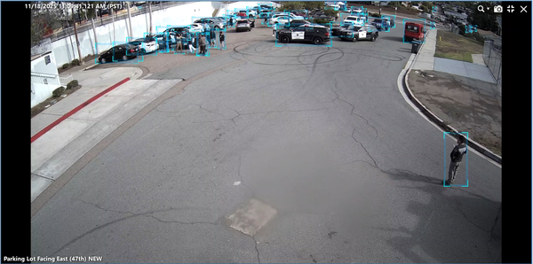 San Diego police cars in a parking lot and a group of people facing an ICE agent