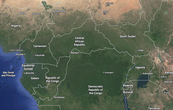 A map showing the countries of Cameroon, Nigeria, Equatorial Guinea, Gabon, the Republic of Congo, the Democratic Republic of Congo, Central African Republic, Uganda, South Sudan and Tanzania