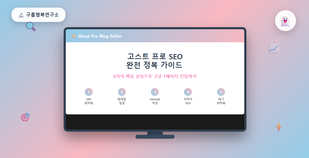 고스트 프로 SEO 최적화 가이드 썸네일 이미지, 구름행복연구소 브랜드 컬러 하늘색 연핑크 그라데이션 배경에 SEO 아이콘들과 함께 표시