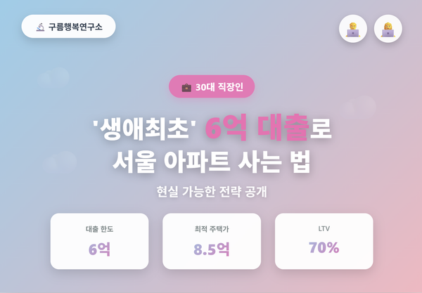 30대 직장인이 생애최초 혜택으로 6억 원 대출을 받아 서울 아파트를 매수하는 전략을 보여주는 인포그래픽으로, LTV 70%, 대출 한도 6억, 최적 주택가 8.5억 원의 핵심 수치를 표시