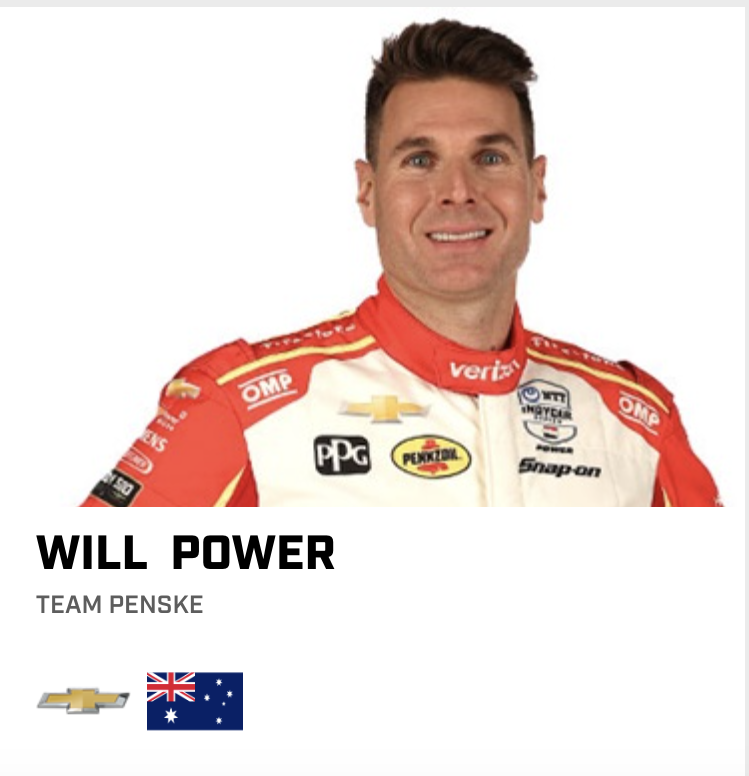 Photo of IndyCar driver Will Power, with his Team (Penske), his engine manufacturer (Chevrolet) and his flag (Australia).