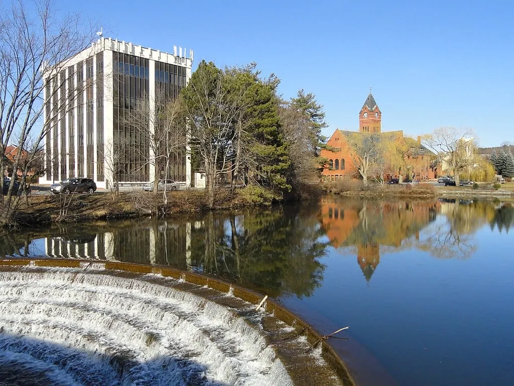 The images of two building are reflected in a pond