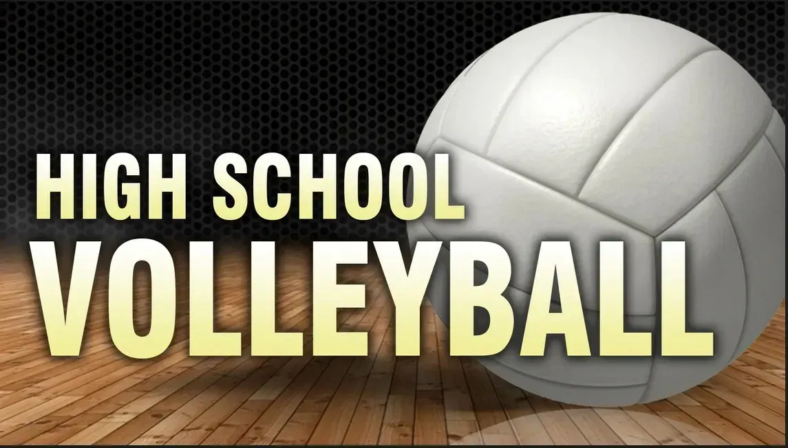 Photo of a white volleyball on a wooden gym floor with the words High School Volleyball. 