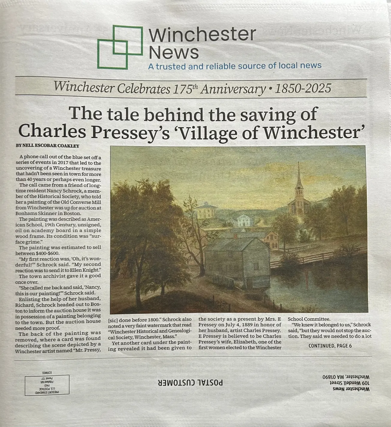 Photo of the front page of Winchester News’ special 175 Anniversary print edition featuring a photo of Charles Pressey’s Village of Winchester painting. Photo by Tara Hughes 