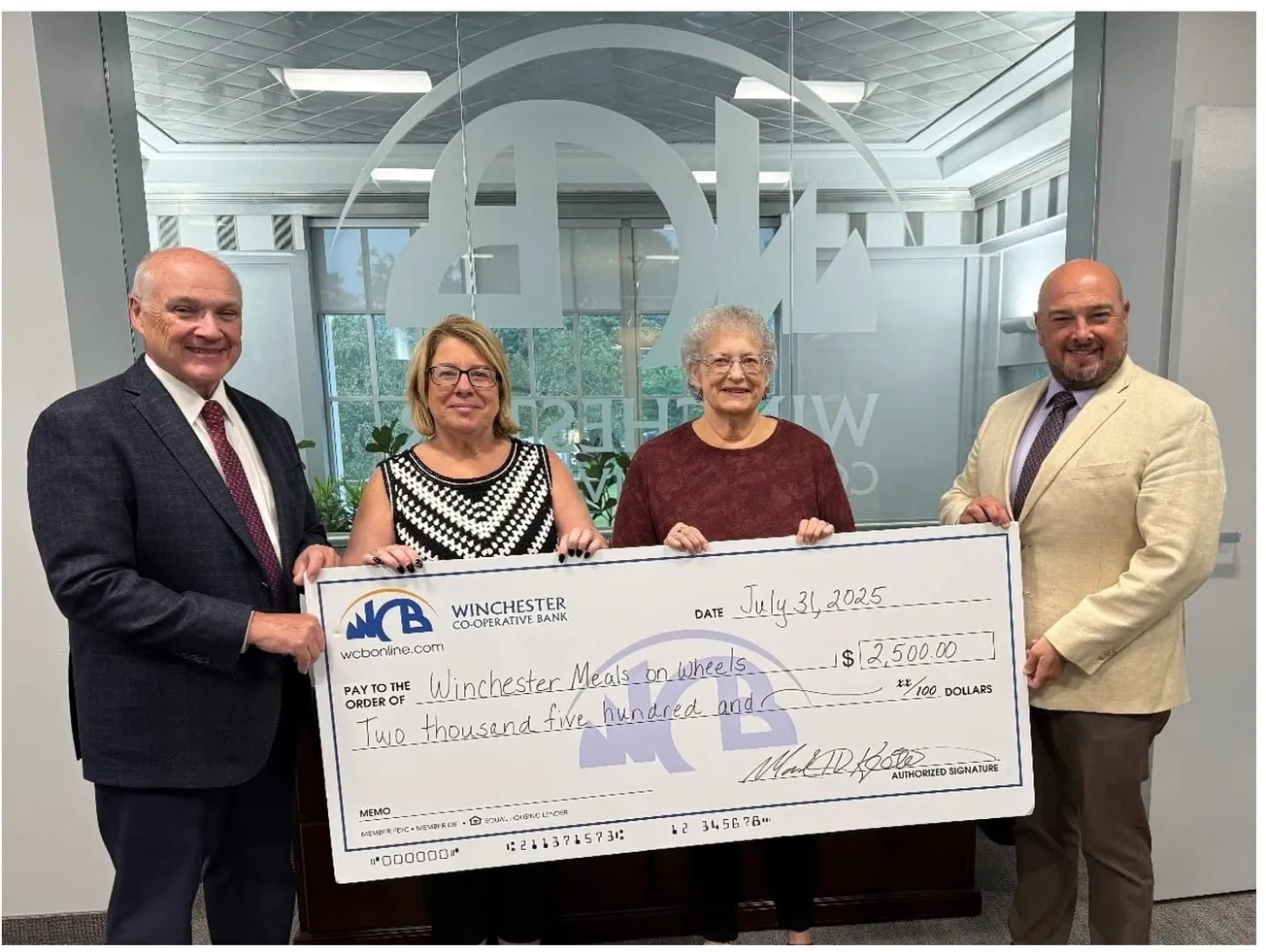 Winchester Co-operative Bank donates $10,000 for Checking for Charity organizations