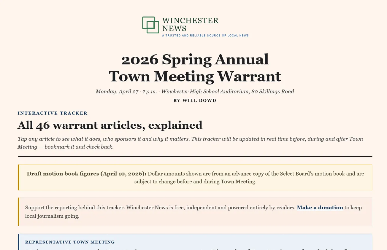Winchester News launches Town Meeting guide, interactive tracker ahead of spring session