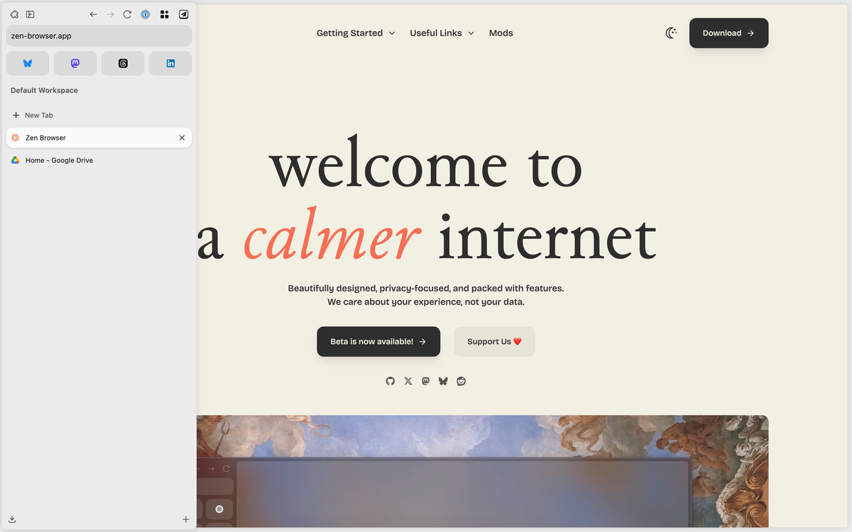 The Zen Browser homepage, as seen in Zen Browser.