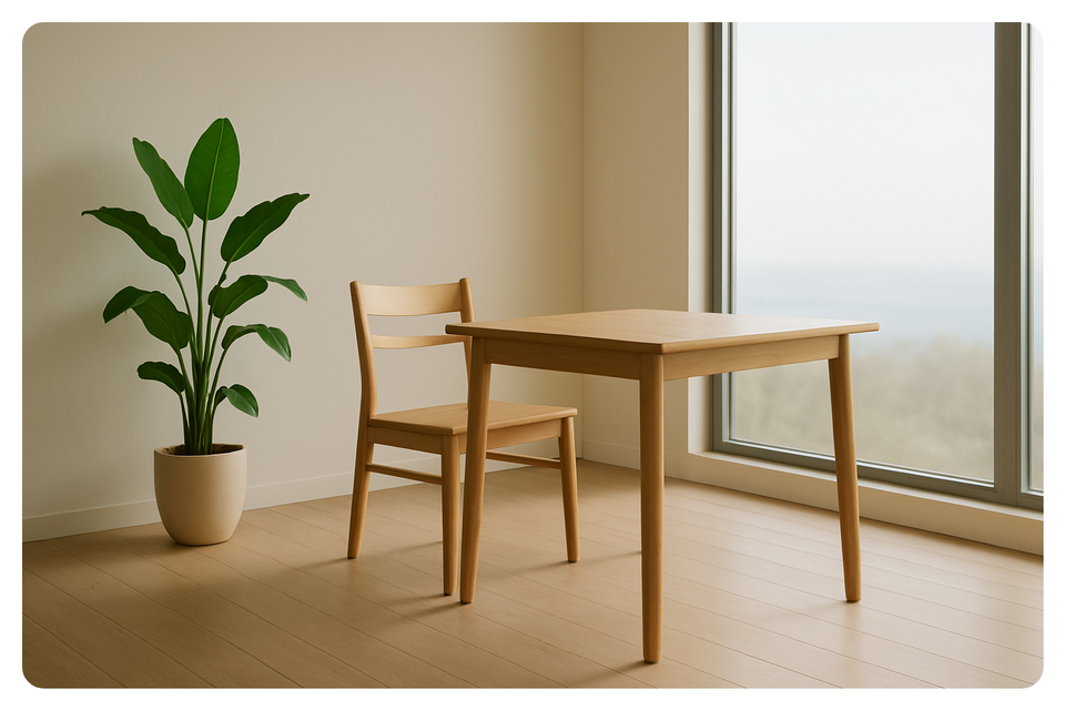 AI generated image of a plan and wooden table and chair in a room to show the concept of minimalism