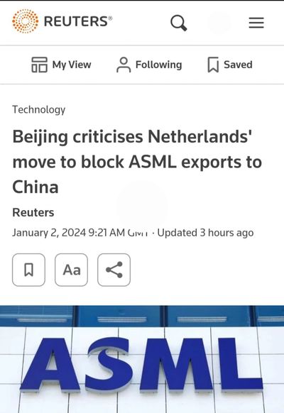 #ShannonBrandao, #ChinaBoss: Semiconductor Equipment Maker #ASML Has Wings Clipped By Dutch Government: Will No Longer Export It's Lithography Chip Systems, Which Use Lasers To Help Create Chip Circuitry