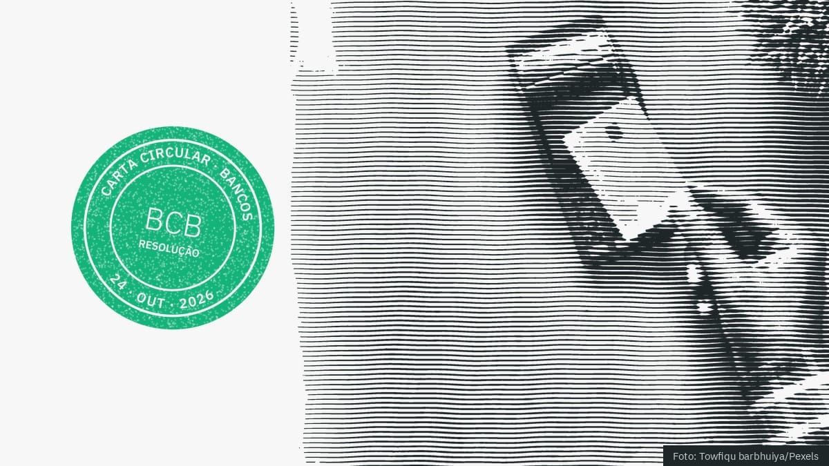 Gravura de cartão de pagamento aproximado de uma maquininha, ao lado do carimbo do Carta Circular com a sigla BCB