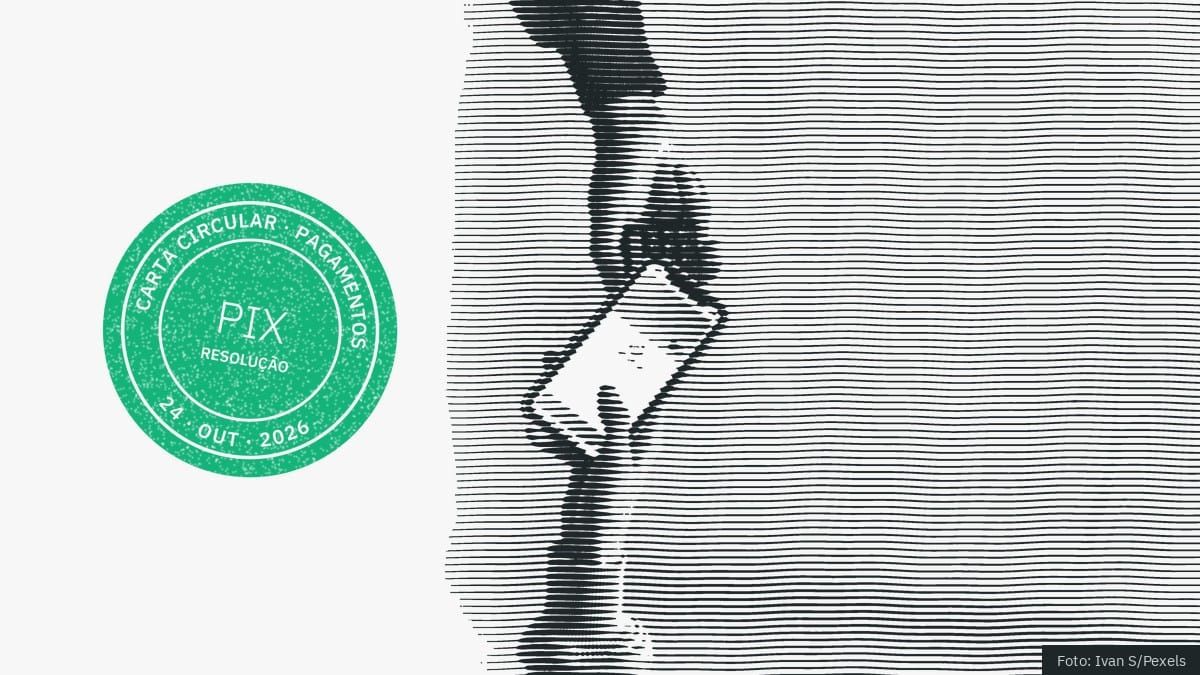 Gravura de mão segurando um celular em operação de pagamento digital, com o carimbo do Carta Circular com a sigla PIX