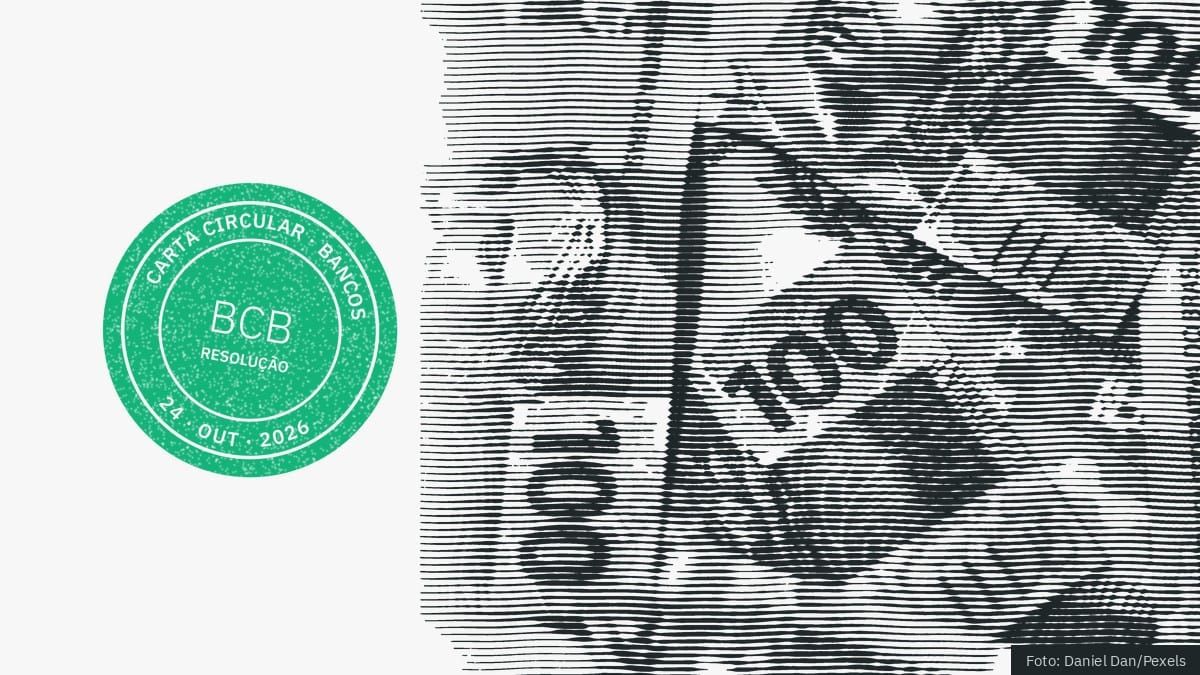 Gravura de cédulas de 100 reais espalhadas, ao lado do carimbo do Carta Circular com a sigla BCB