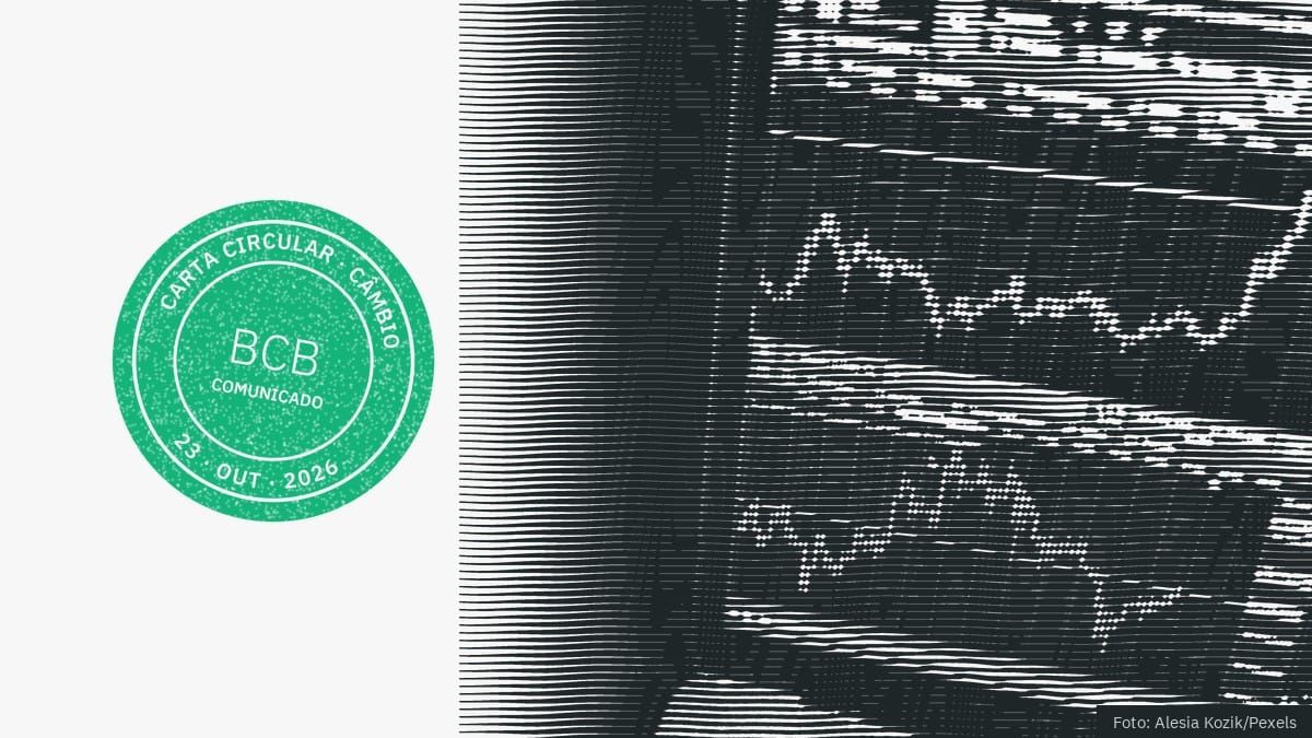 Gravura de uma tela com gráficos de cotações, ao lado do carimbo do Carta Circular com a sigla BCB