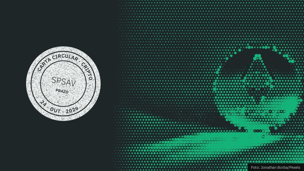 Retícula verde de uma moeda física de ethereum em fundo escuro, com o carimbo do Carta Circular com a sigla SPSAV