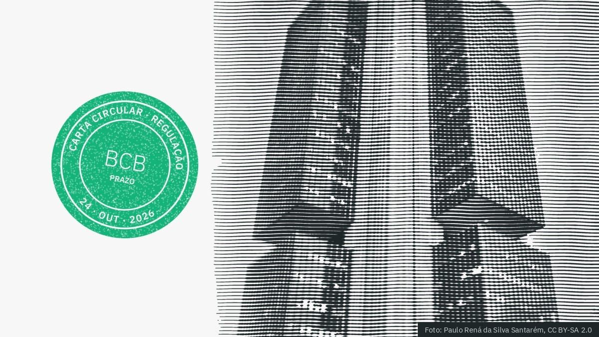 Gravura do edifício-sede do Banco Central em Brasília visto da rua, com o carimbo do Carta Circular com a sigla BCB